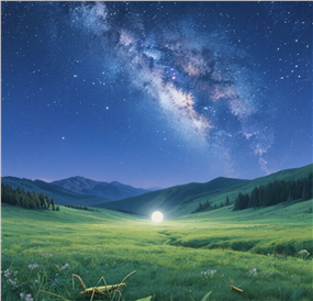 绿色草原蓝色星空摄影图片